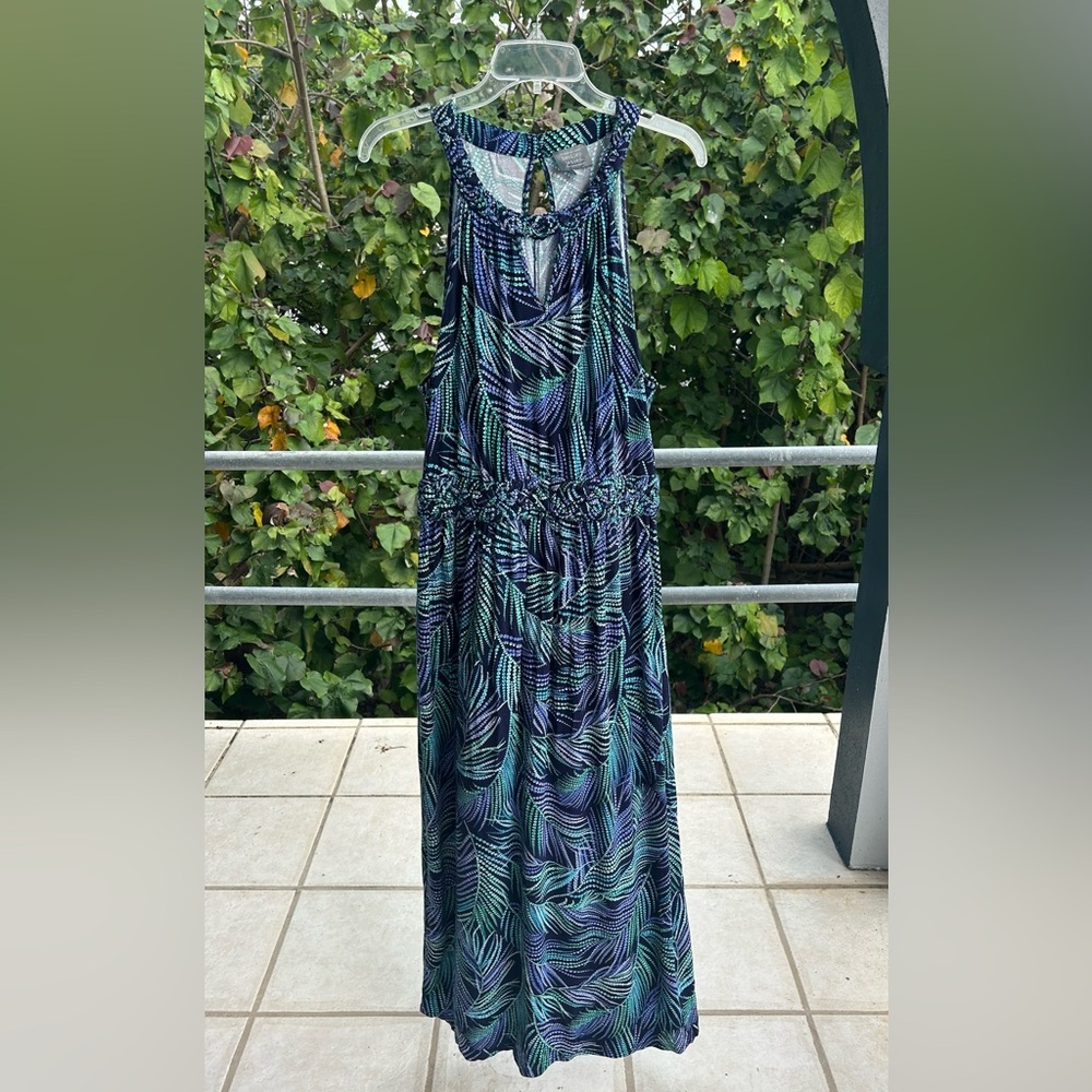 BERKLEY JENSEN Tropical Summer Leaf Print Braided Halter Maxi Dress Size XL